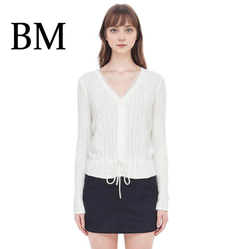 蕾丝花边拼接V领针织开衫纽扣