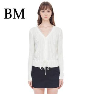 新 甜美针织开衫 BM秋冬蕾丝花边V领麻花抽绳系带长袖 毛衣外套长袖