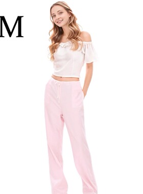 BM粉色条纹亚麻裤子抽绳松紧腰宽松直筒休闲长裤居家慵懒阔腿裤薄