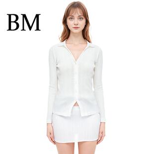BM上衣翻领纯色翻领长袖修身显瘦内搭外穿开衫白色针织打底衫T恤