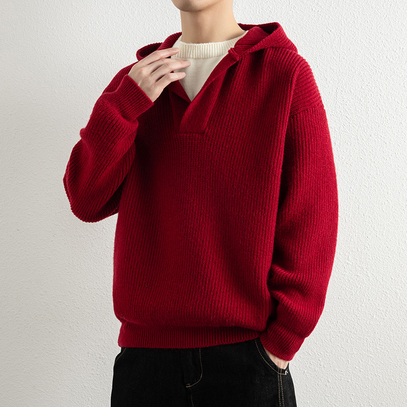 红色粗线带帽子毛衣男款秋冬新款外穿休闲针织衫高级感毛线衣外套