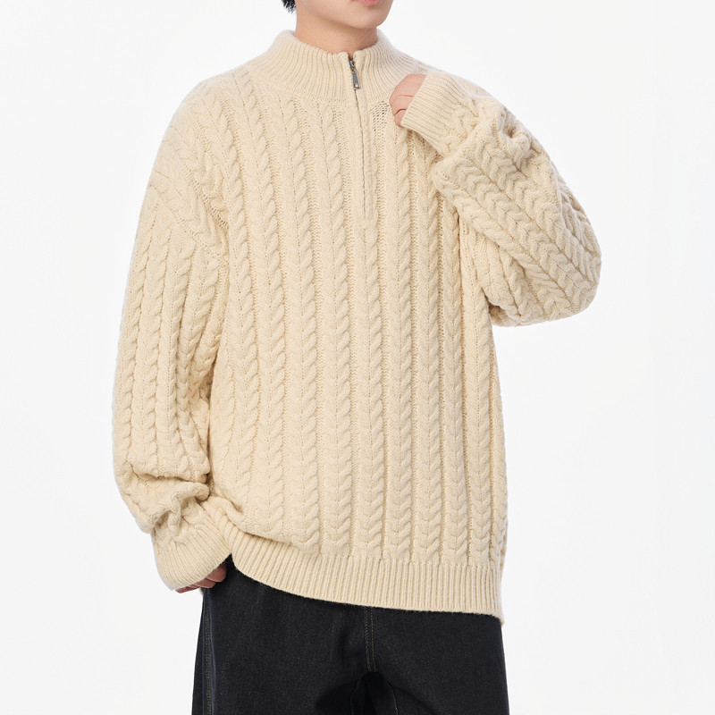 秋冬新款粗线麻花毛衣男复古休闲半拉链立领针织衫扭花毛线衣外套