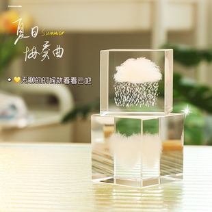雨在赶路 创意云朵立方体桌面摆件下雨水晶球小夜灯治愈装饰礼物