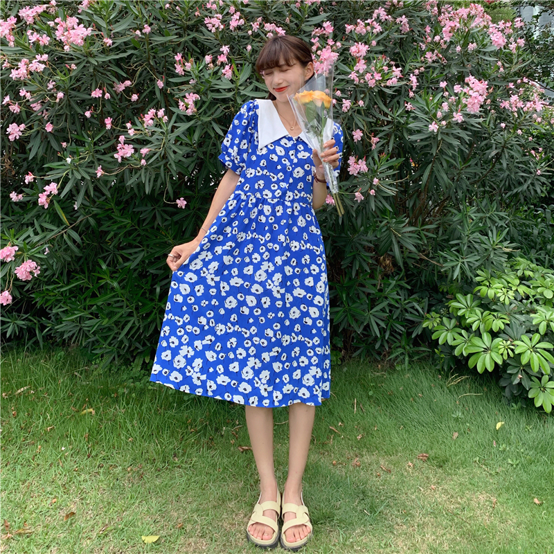 Real price ~ summer new French air close waist slim baby collar floral Short Sleeve Dress