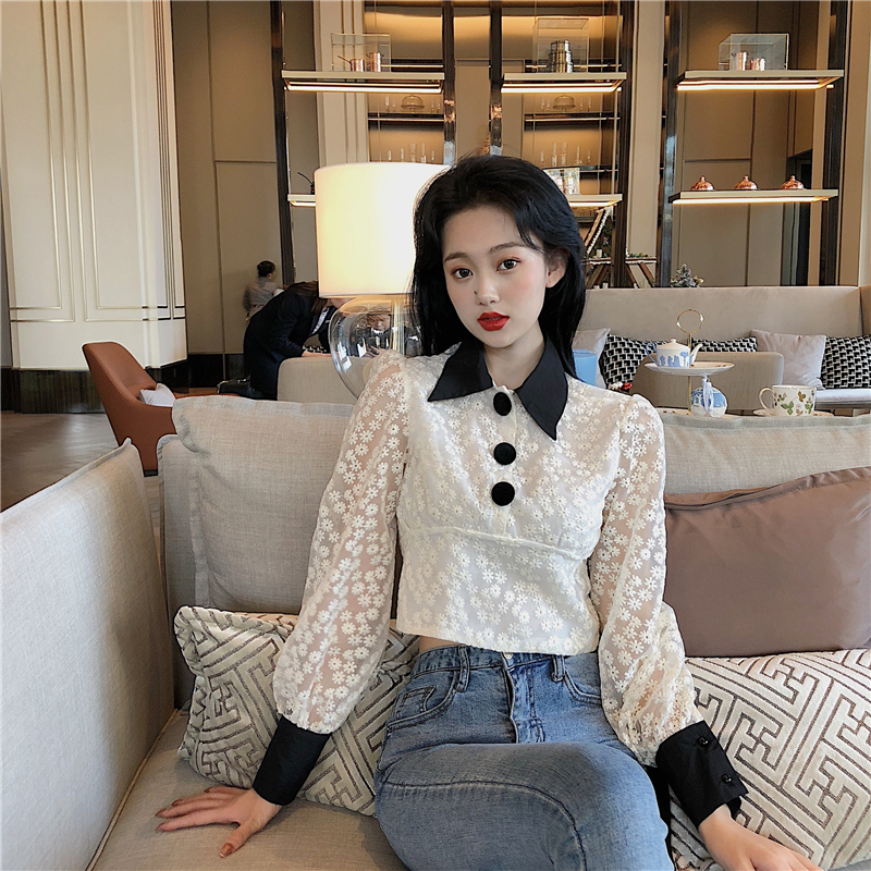 Real price ~ Black and white contrast Lapel cut out lace fairy top