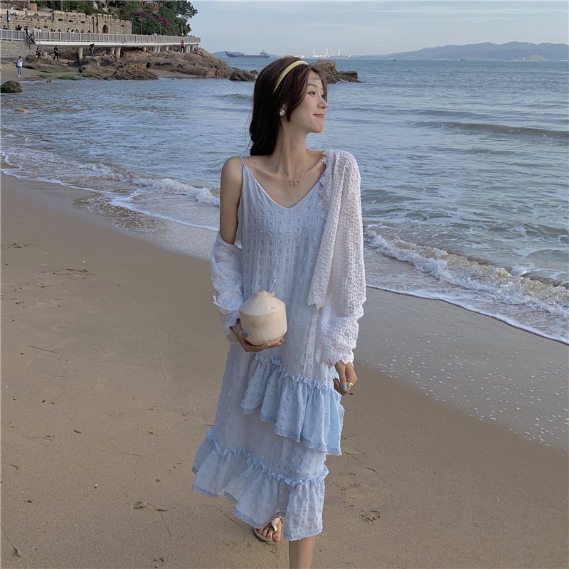 Real price ~ summer fashion temperament fishtail skirt suspender skirt + Lace splicing temperament long sleeve cardigan