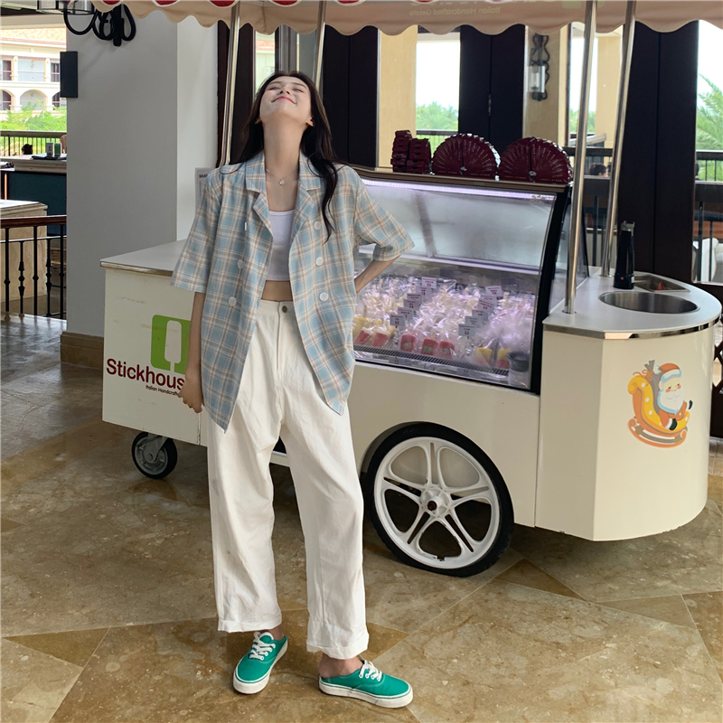 Real price ~ summer thin Korean versatile loose top sweet suit collar Plaid short sleeve shirt