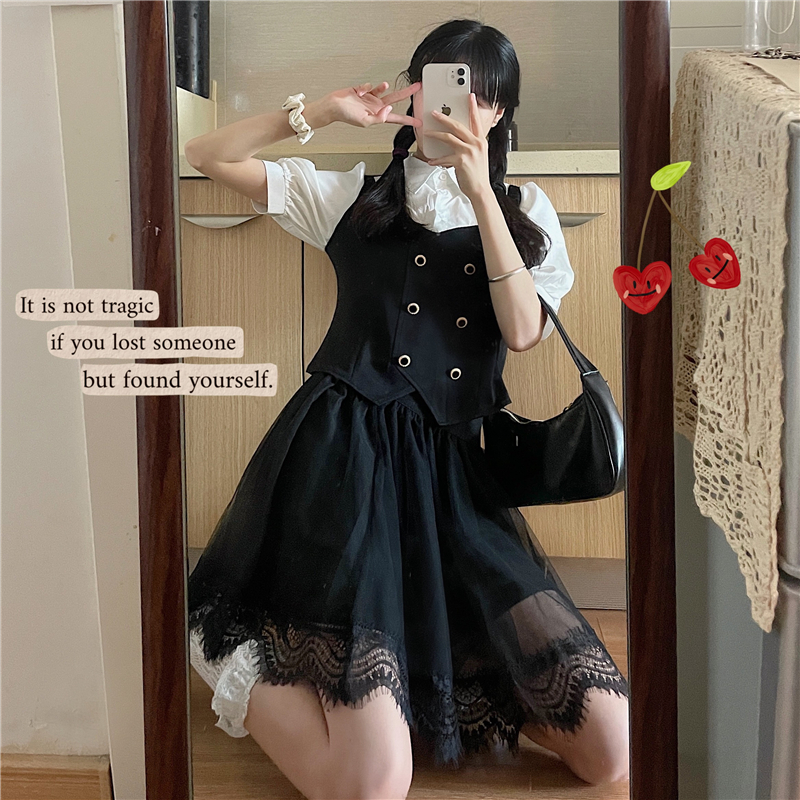 Real price ~ summer new feeling fake two-piece double breasted Top + high waist versatile skirt two-piece set