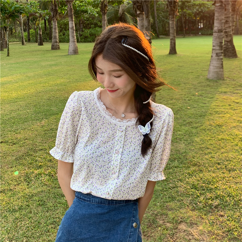 Real auction real price ~ summer slim foreign style small shirt Round Neck Lace Floral short top