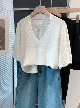 蕾丝v领针织衫女2025春夏秋新款宽松外穿上衣薄款洋气中袖t恤衫潮