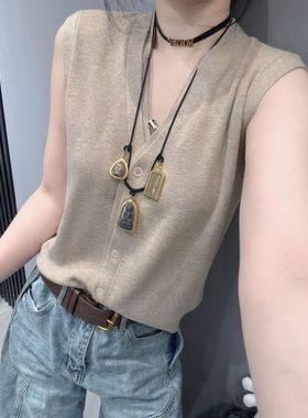 夏天新款无袖冰爽丝针织衫背心女独特百搭修身显瘦V领开衫上衣