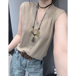 夏天新款无袖冰爽丝针织衫背心女独特百搭修身显瘦V领开衫上衣