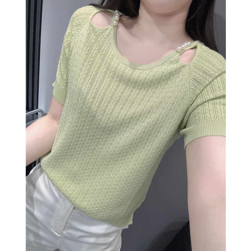 夏季新款通勤百搭钉珠冰爽丝针织衫短袖女气质宽松显瘦露锁骨上衣