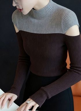 韩系撞色半高领长袖针织打底衫女春秋款小众不撞款上衣