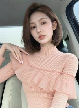 法式粉色收腰修身半高领毛衣针织打底衫女内搭秋冬荷叶边长袖上衣