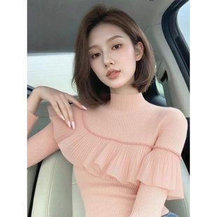 法式粉色收腰修身半高领毛衣针织打底衫女内搭秋冬荷叶边长袖上衣