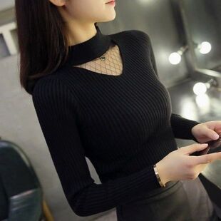 毛衣女套头针织衫女2025秋冬新款修身半高领V领网纱加厚女打底衫