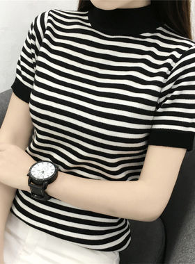 冰丝2022新款短袖T恤女学生韩版套头半高领条纹针织打底衫上衣