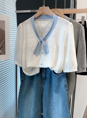 蕾丝v领针织衫女2025夏装新款宽松内搭上衣外穿薄洋气短袖t恤衫潮