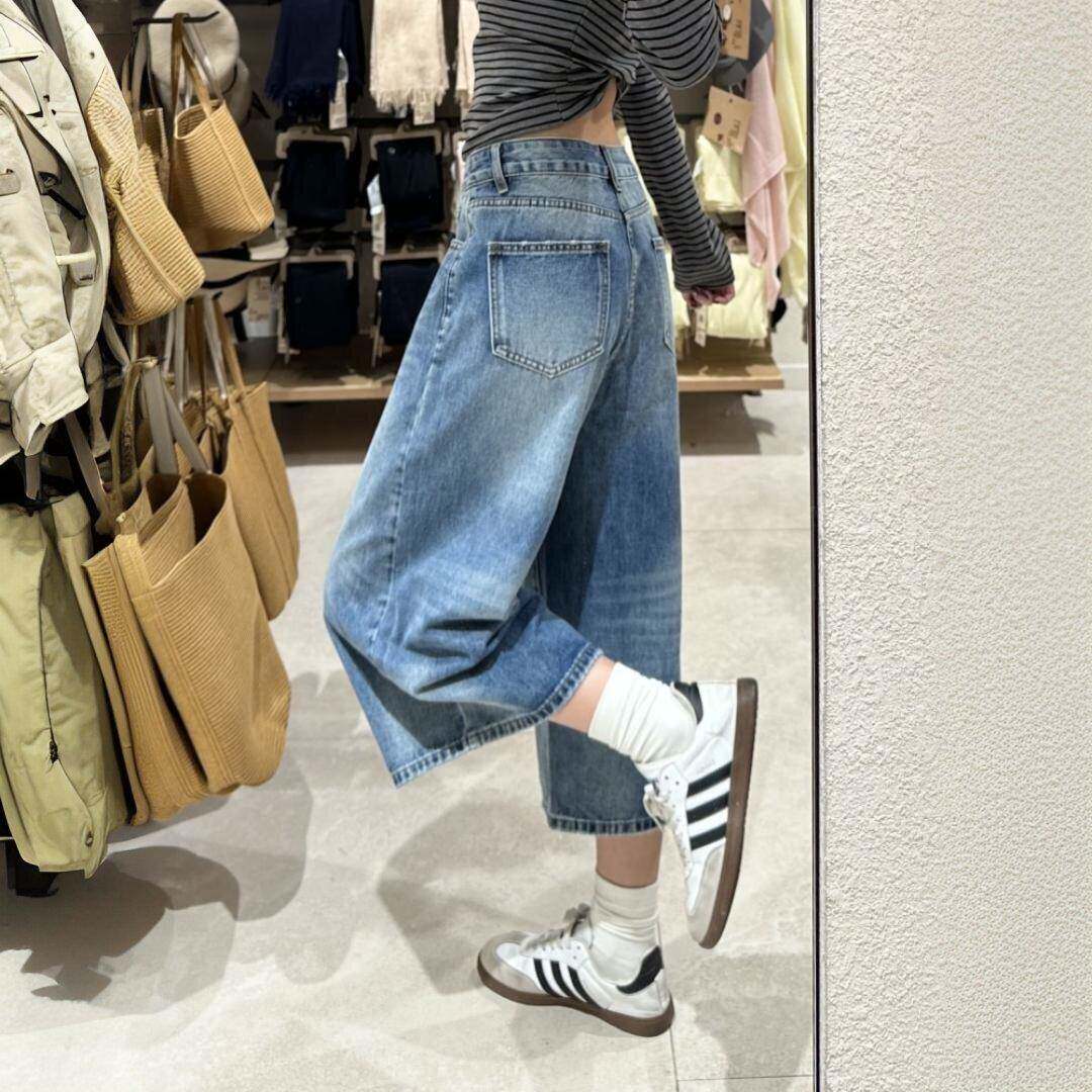美式复古阔腿牛仔七分裤女夏季新款大尺码胖mm宽松显瘦短裤直筒五