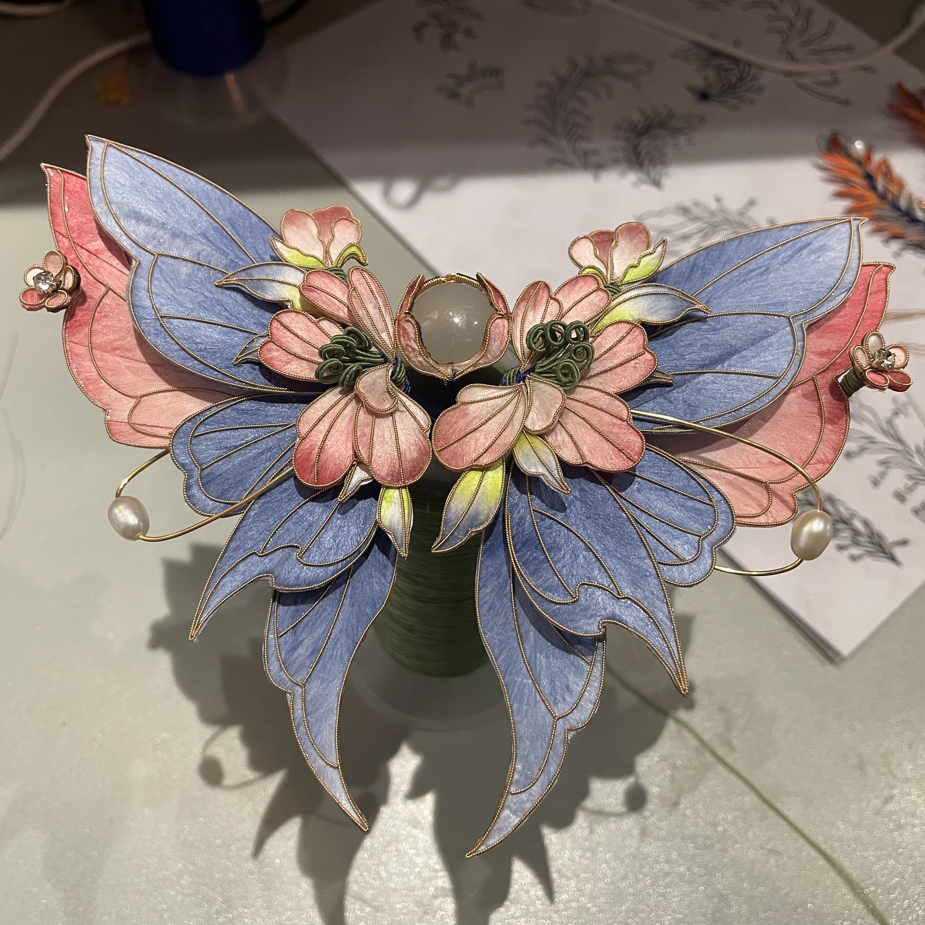 非遗掐丝绒花日常汉服发簪木簪纯手工制作精致蝴蝶发夹礼物发饰