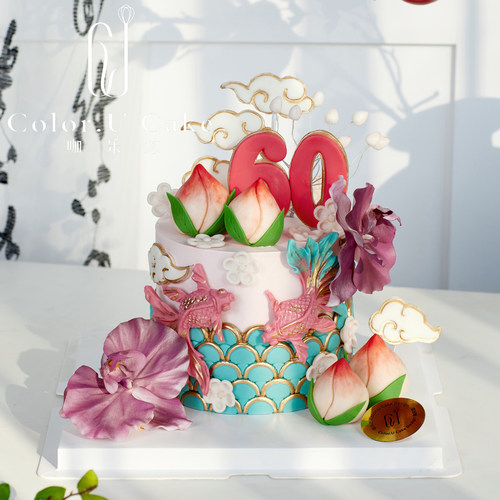 明媚国风寿桃祝寿蛋糕