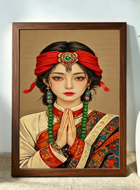 虔诚少女茶室酒吧背景装饰画新中式客厅办公室玄关相框摆件挂画