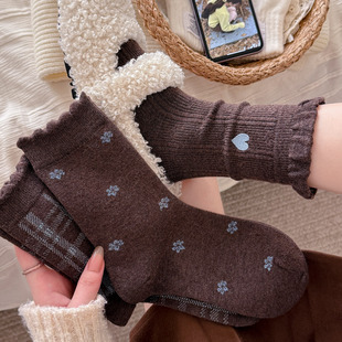 可露丽风袜子女巧克力色羊毛袜秋冬季 加厚保暖咖啡色波点潮中筒袜