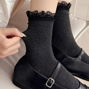 黑色蕾丝花边女袜春秋时尚 奢华女士秋冬英伦风百搭中筒袜 配小皮鞋