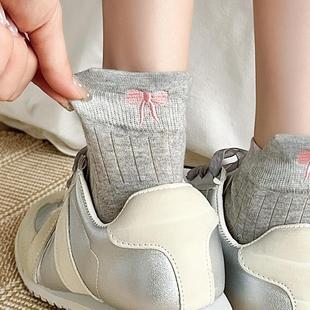 蝴蝶结短袜少女春秋薄款 女生中筒可爱 棉短筒灰色袜ins潮网眼夏季