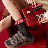 礼盒装 羊毛袜子女中筒红色圣诞袜新年喜庆花边送礼秋冬季 女士长袜