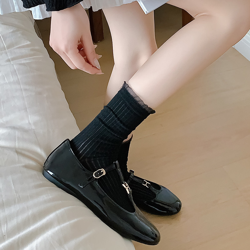 蕾丝花边袜子女款中筒黑色显瘦配小皮鞋乐福鞋夏季薄款2026新款长