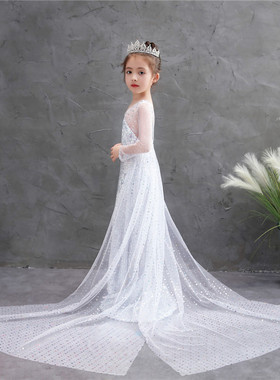 儿童节冰雪奇缘公主裙女童拖尾裙艾莎elsa女王礼服爱莎白色连衣裙