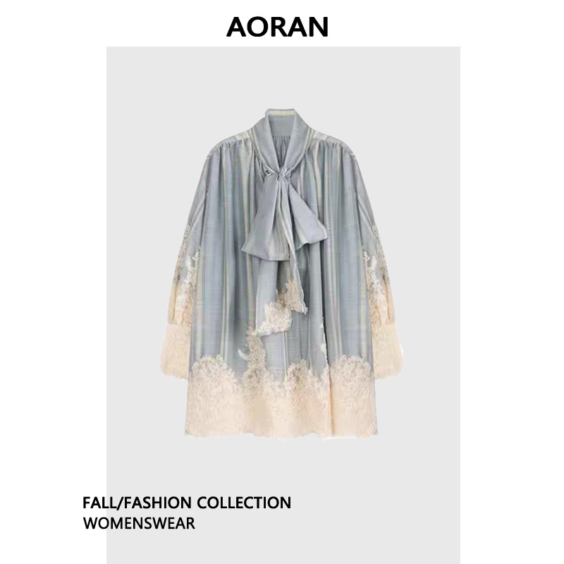 AORAN【周雨彤】明星同款高定法式重工蕾丝拼接衬衫裙气质连衣裙