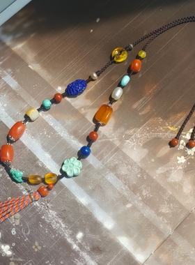 原创设计天然原矿南红蜜蜡绿松石多宝编织毛衣链新中式国风饰品女