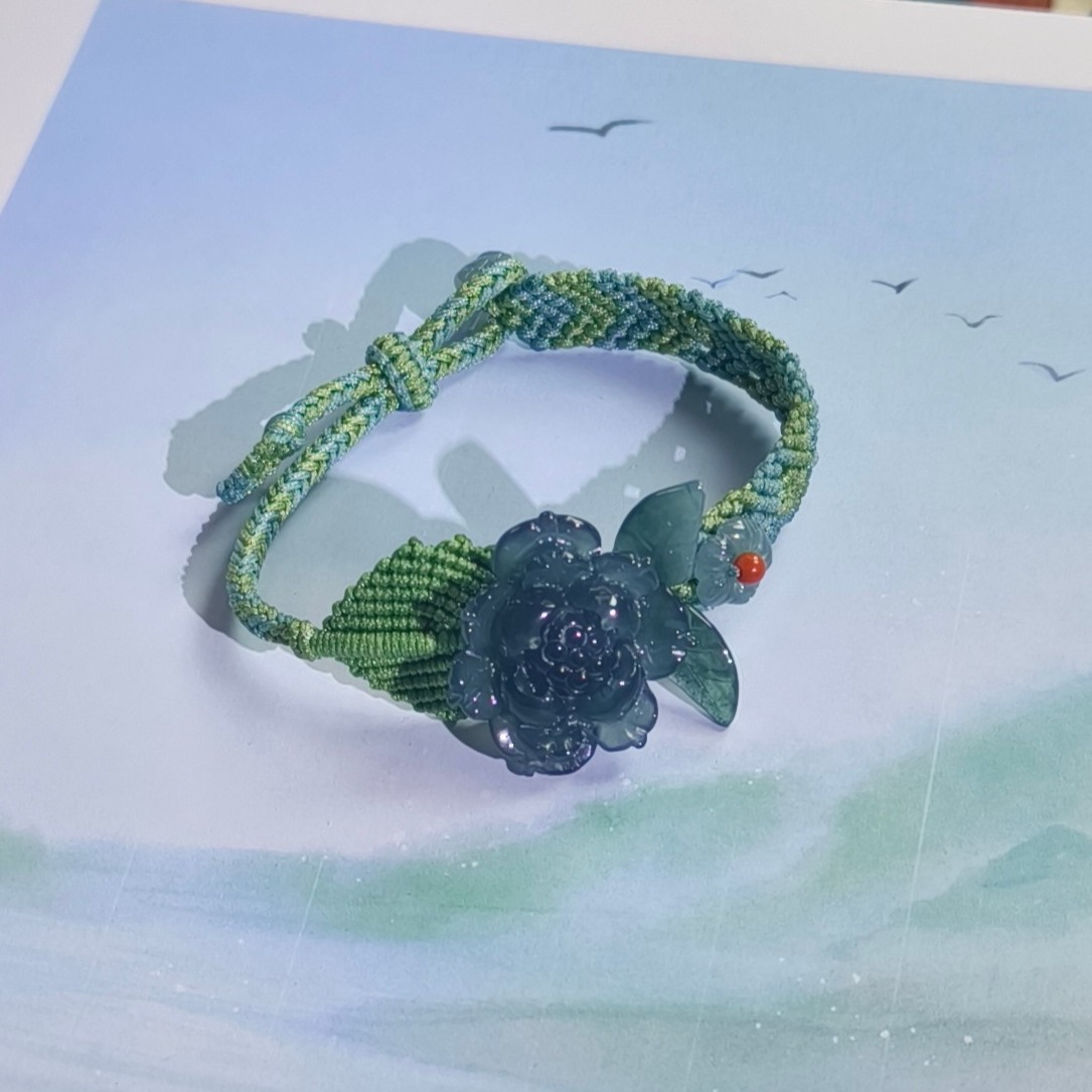 天然翡翠危料冰蓝水牡丹花斜卷结编织叶子手链可调节
