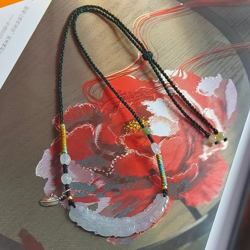 天然A货翡翠缅料白冰羽毛玉衡手工编织设计款项链新中式国风饰品