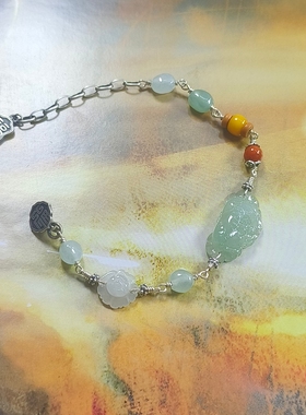 天然A货缅料翡翠牡丹花手牌925银手工原创设计南红蜜蜡手链可调节