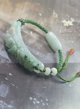 天然A货翡翠缅料雕刻牡丹花手牌编织回纹桶珠手链新中式国风饰品