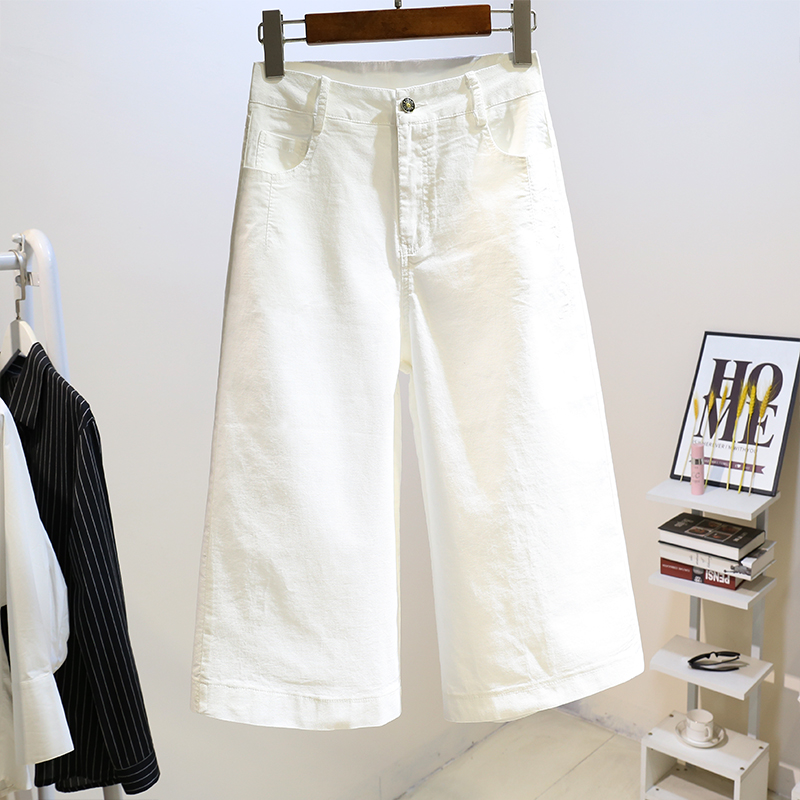 白色高腰弹力刺绣牛仔七分裤女2025夏季新款宽松薄款直筒阔腿裤子