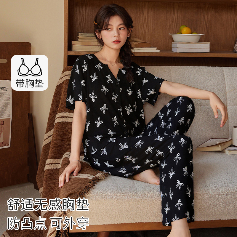 夏季冰丝螺纹睡衣女薄款短袖长裤