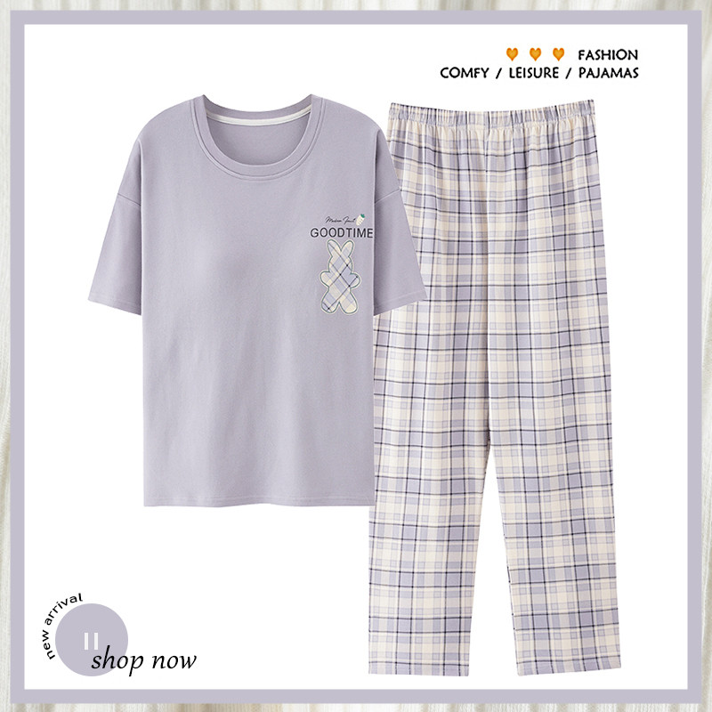 浪莎睡衣女士夏季纯棉圆领短袖长裤可爱卡通加大码休闲家居服套装