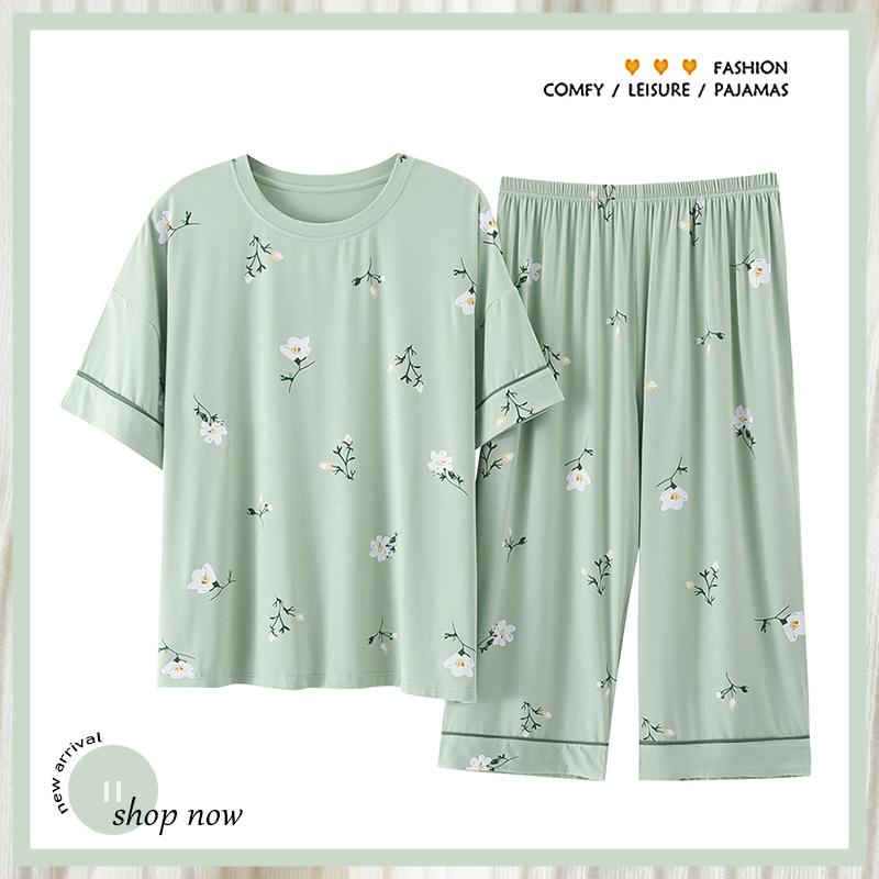 浪莎睡衣女夏季莫代尔短袖七分裤夏天薄款圆领大码宽松家居服套装