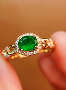 天然祖母绿S925银镶钻女士戒指