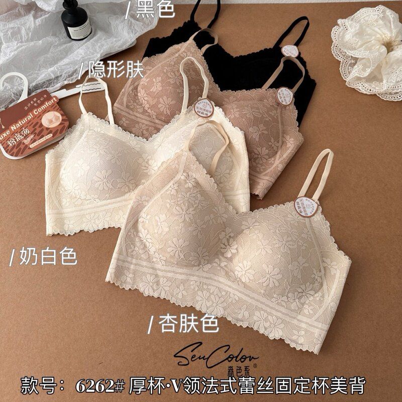 黛美芮森色系6262厚杯v领法式蕾丝固定一体杯透气聚拢美背女图片
