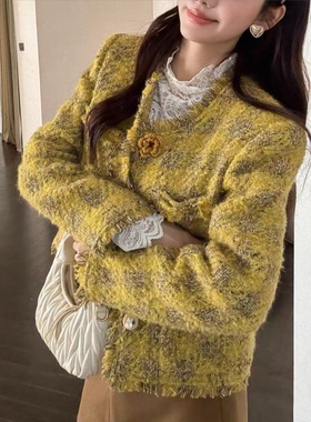 【mw1748】圣诞新年车厘子红色小香风羽羽女复古粗花呢格纹外套潮