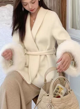 【mw1650】韩版双面红色大衣秋冬新款袖口中长款收腰外套女