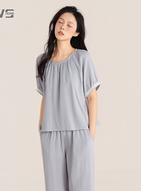 YWS HOME睡衣女柔柔棉系列双层纱透气轻盈短袖家居服套装全棉