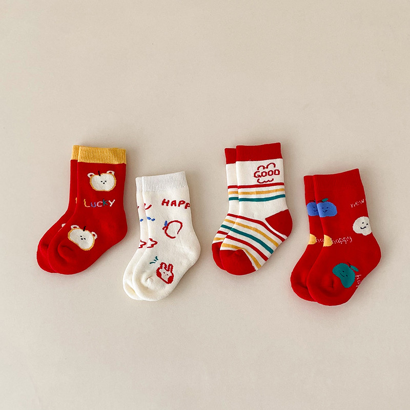 红色无骨宝宝袜子新年满月百天