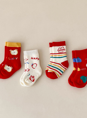 宝宝袜子无骨红色喜庆新年冬季圣诞节婴儿中筒袜满月百天周岁儿童